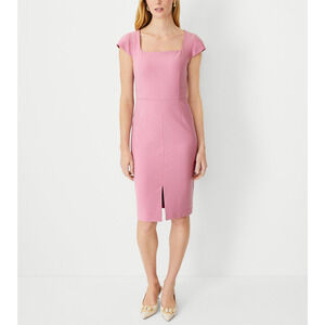 Ann Taylor 'The Scooped' Pink Square Neck Front Slit Sheath Short Sleeve Dress